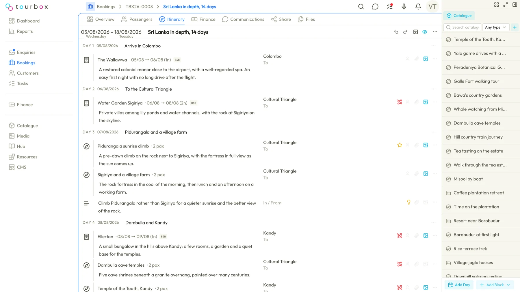 The itinerary builder with a day-by-day timeline and the catalogue docked on the right
