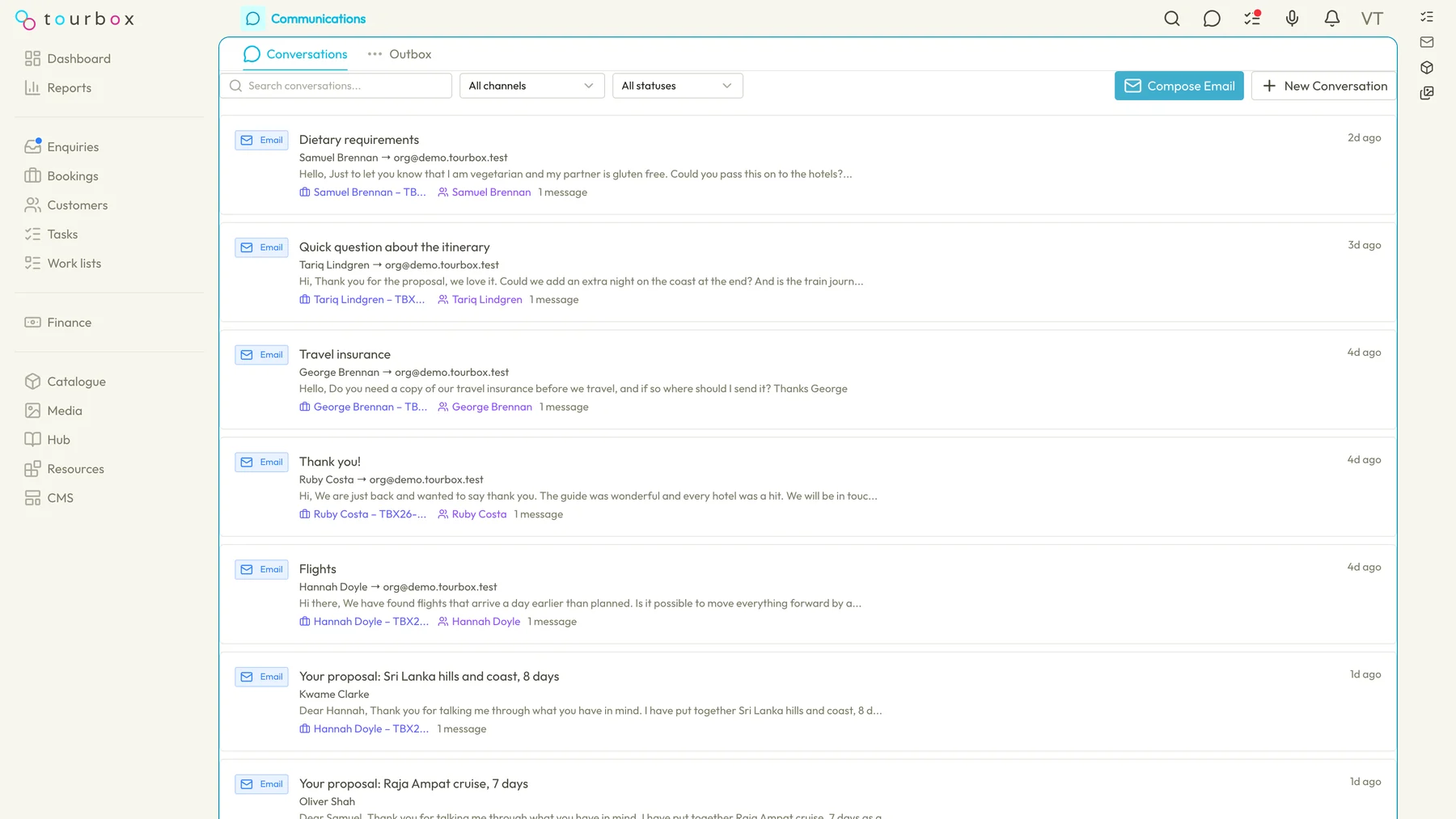 The Communications inbox in Tourbox, one conversation per row with its channel, subject, sender, first line, the linked booking and customer, and when it arrived