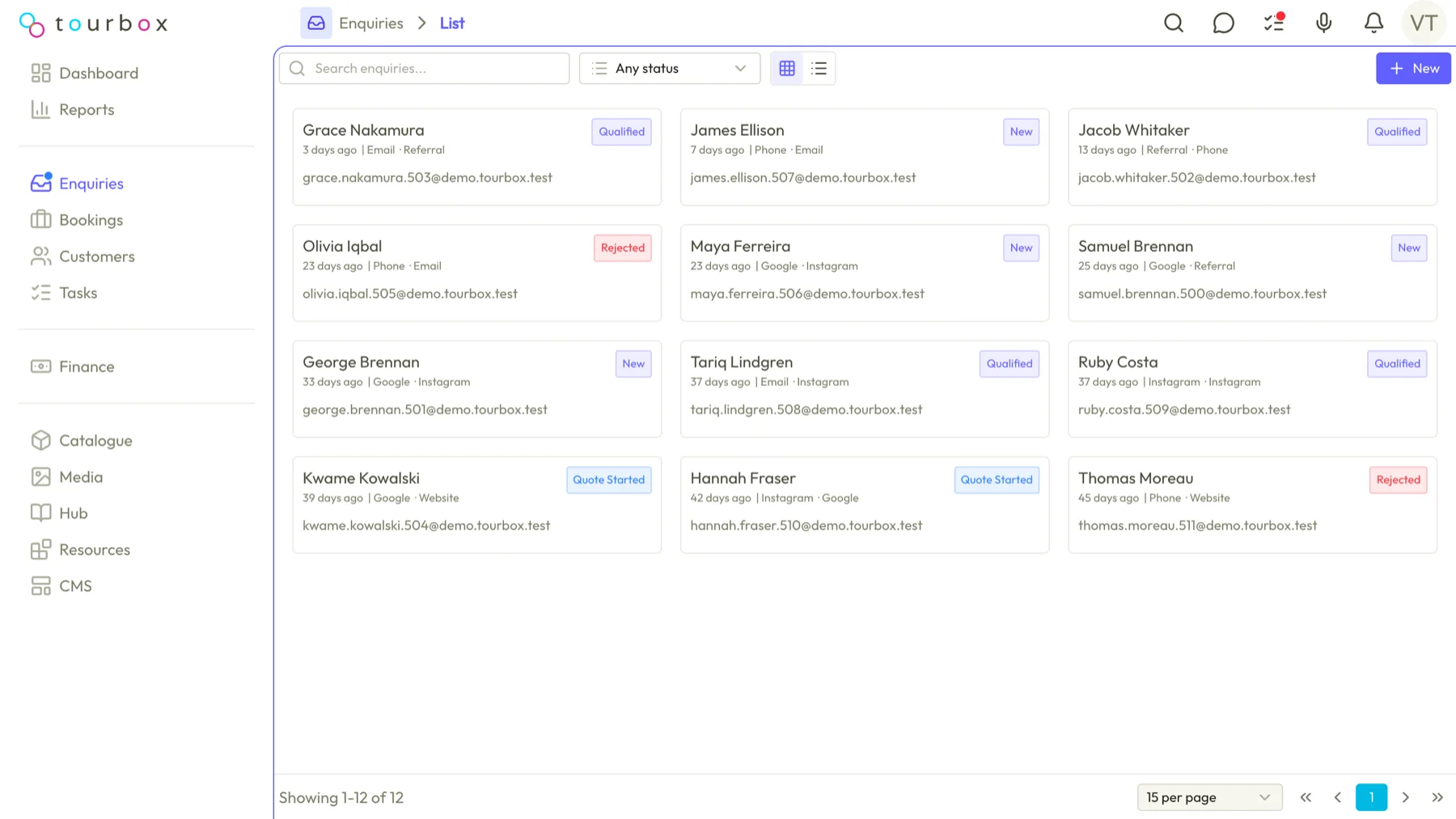 The enquiries board in Tourbox, one card per enquiry with the source, channel and a status of new, qualified, quote started or rejected
