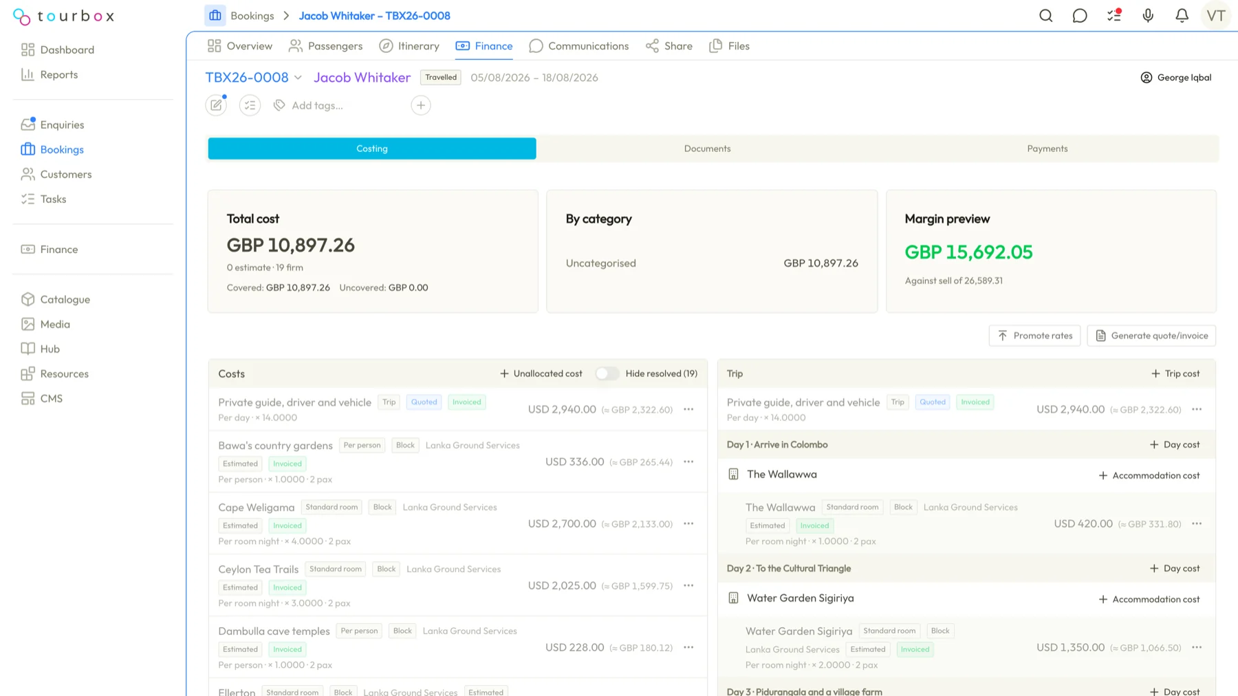 A booking's finance tab in Tourbox, with total cost, margin preview, and every supplier cost listed against the trip and its days