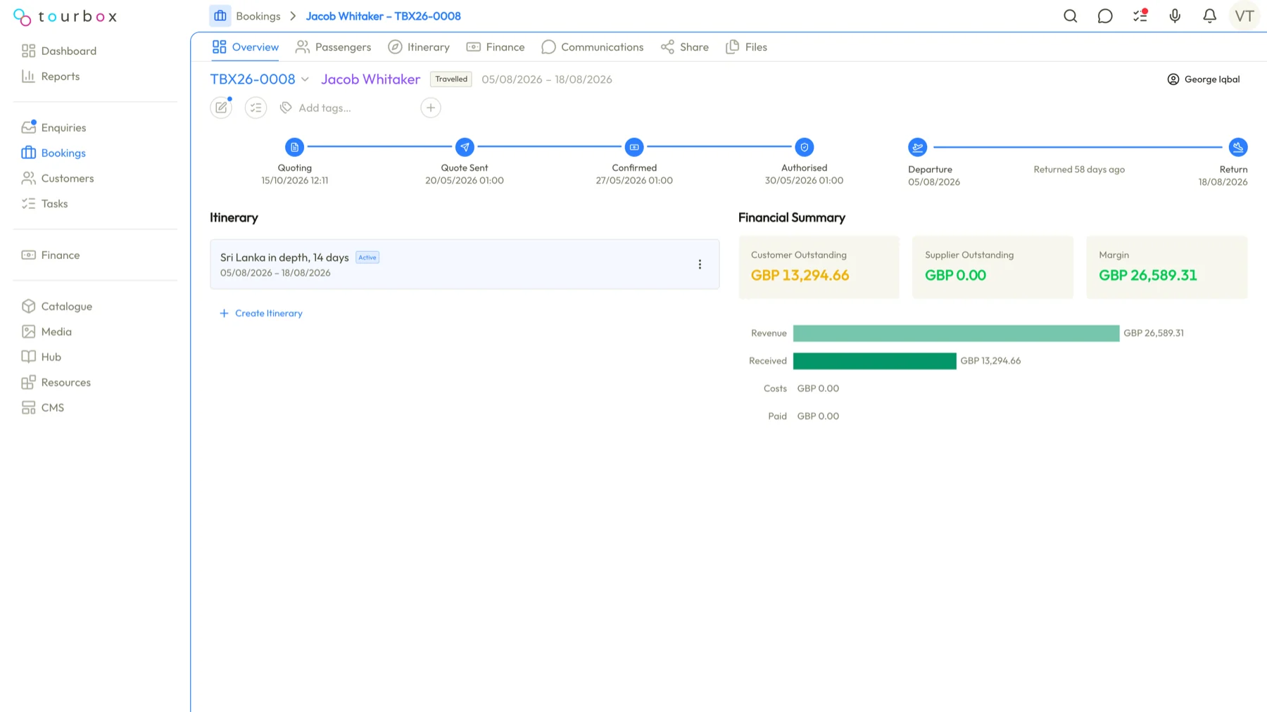 A booking overview showing the quote, confirmation and departure timeline and a financial summary with outstanding amounts, margin and FX