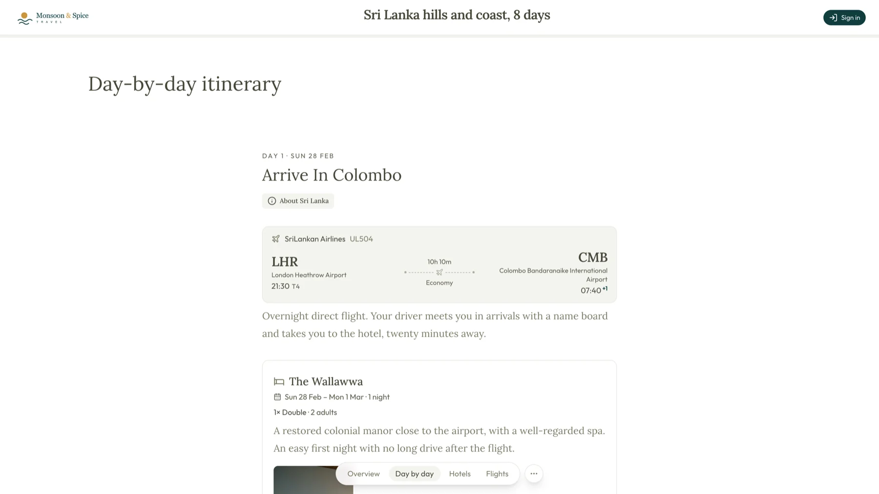 The traveller's trip page under the operator's own logo, day one with the overnight flight card and the first night's hotel