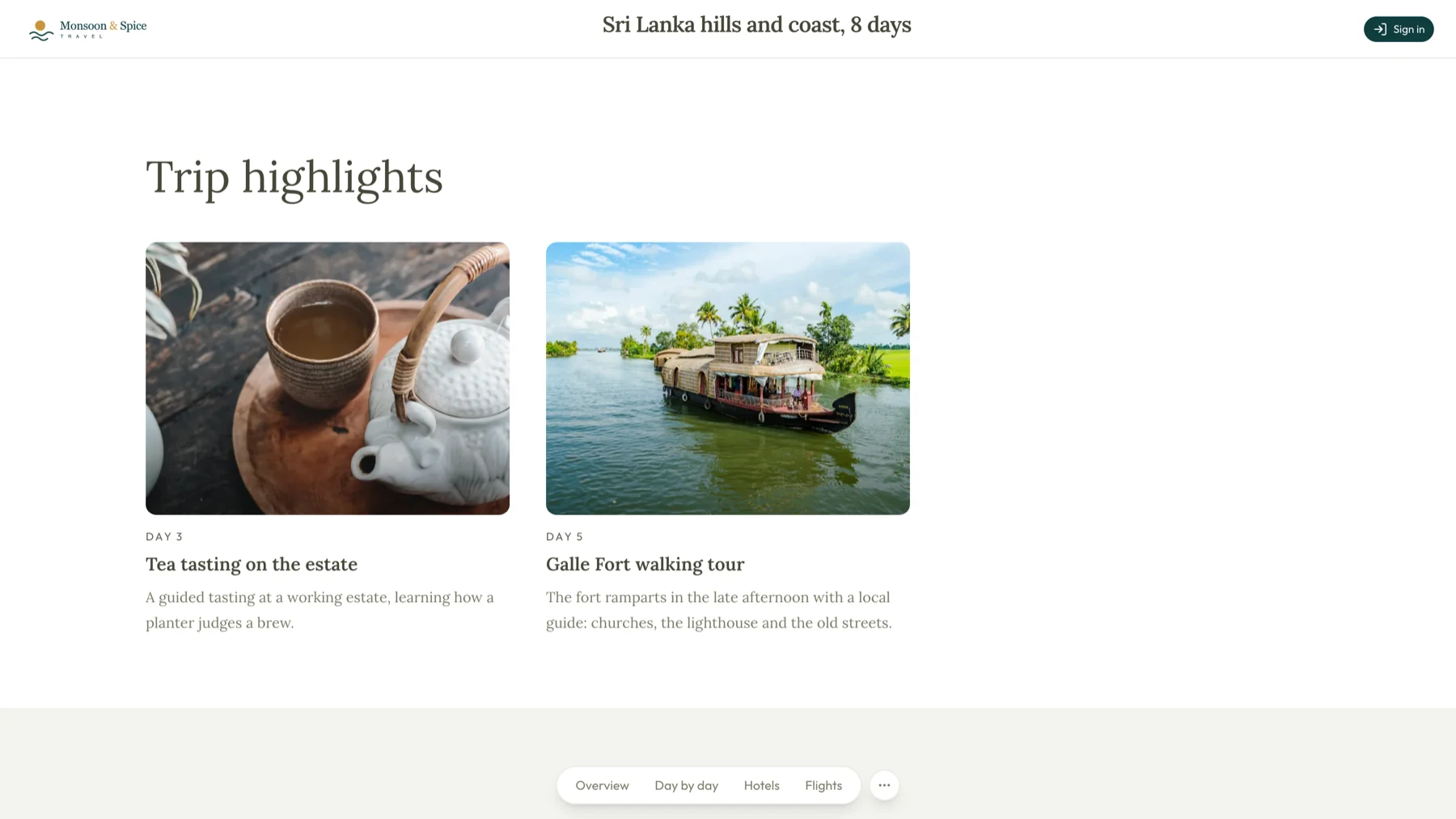 A traveller's trip page showing the trip highlights under the operator's own logo, in their typeface and colours
